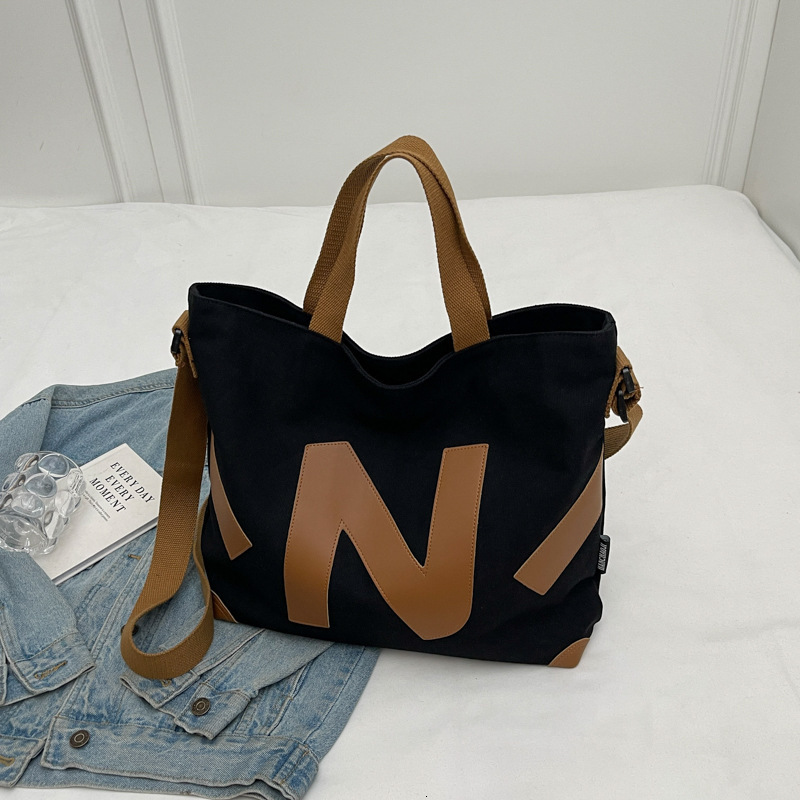 Bag Handheld Canvas Women's New Large Capacity Shoulder Bag, Fashionable Letter Student Class Commuting Bag