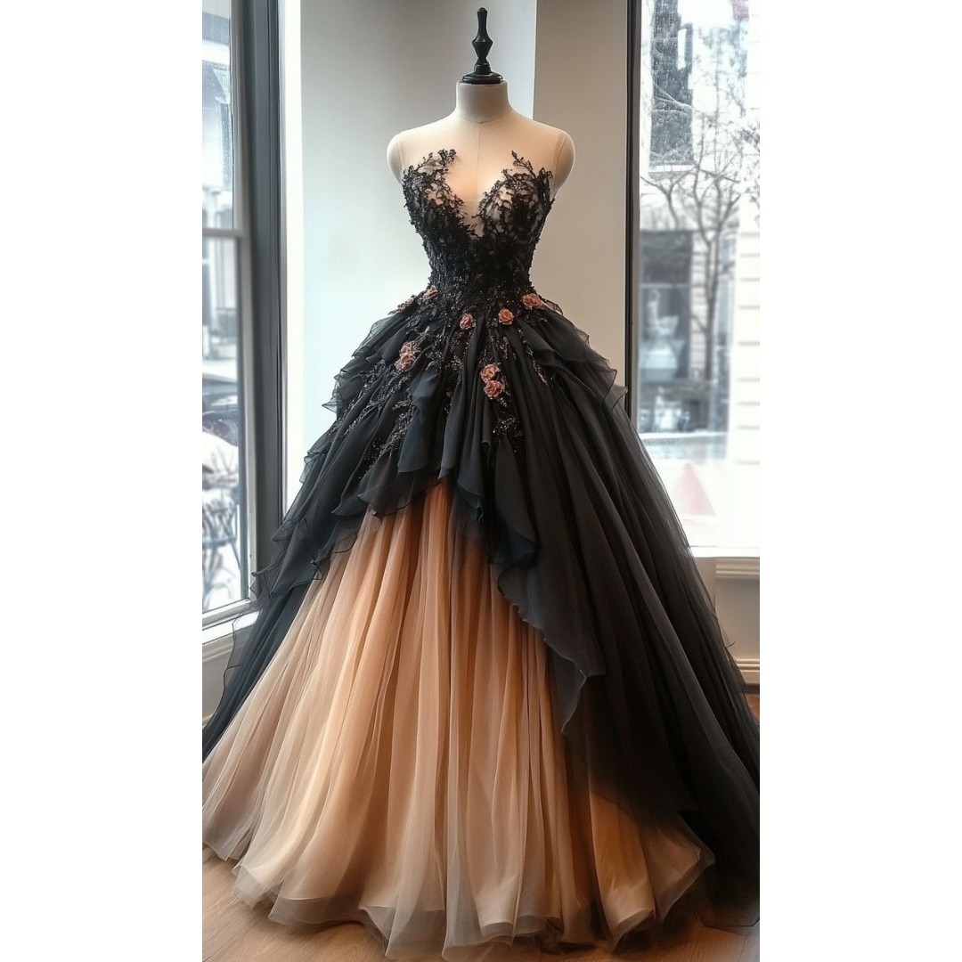 Vintage Black And Peach Evening Dresses With Lace Appliques Illusion Jewel Neck Sleeveless A-Line Floor Length Prom Gown Gothic Special Occasion Gown 
