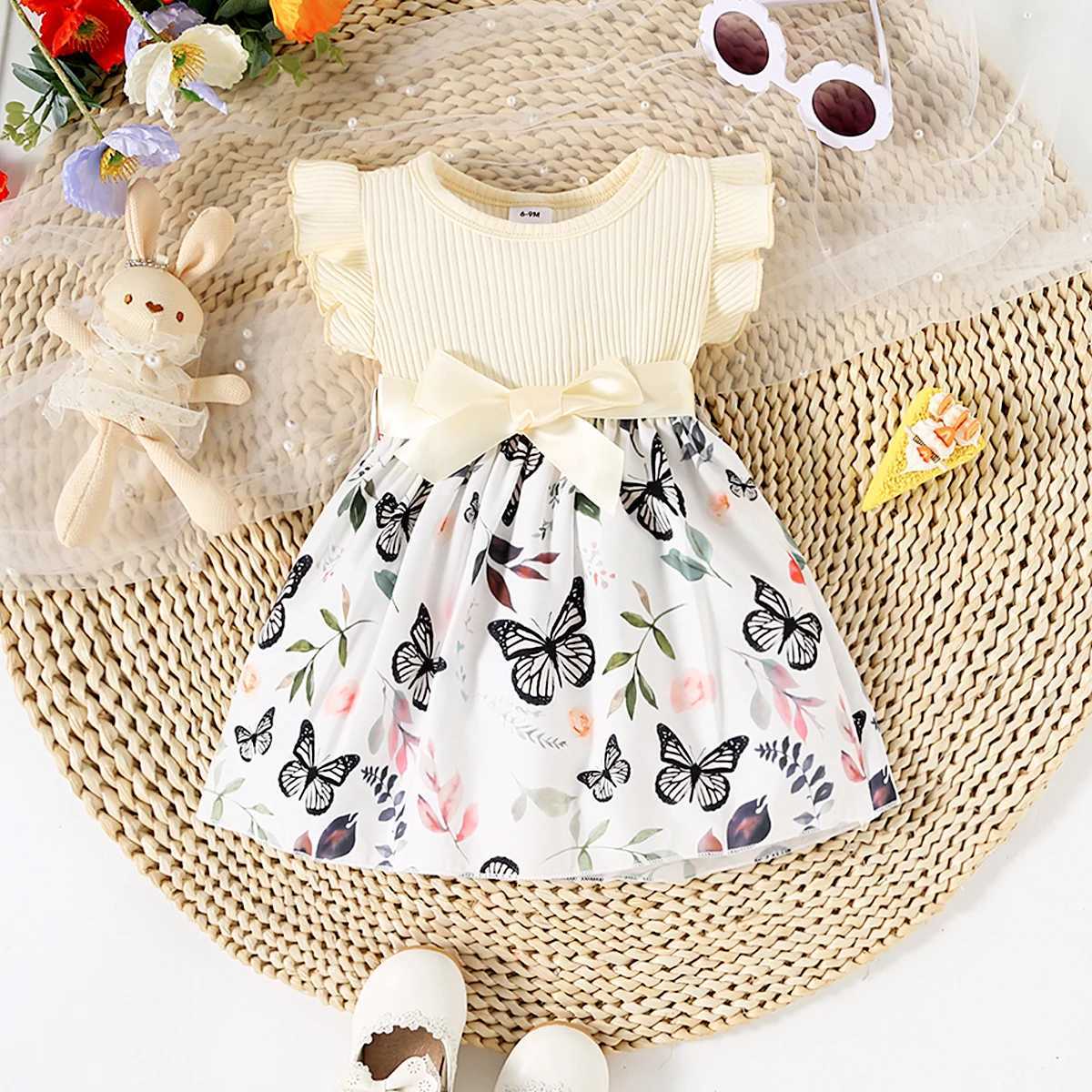 Baby Girl Butterfly and Plant Polka Dot Print Ruffle Sleeve Belt Dress + Ribbon Z250214