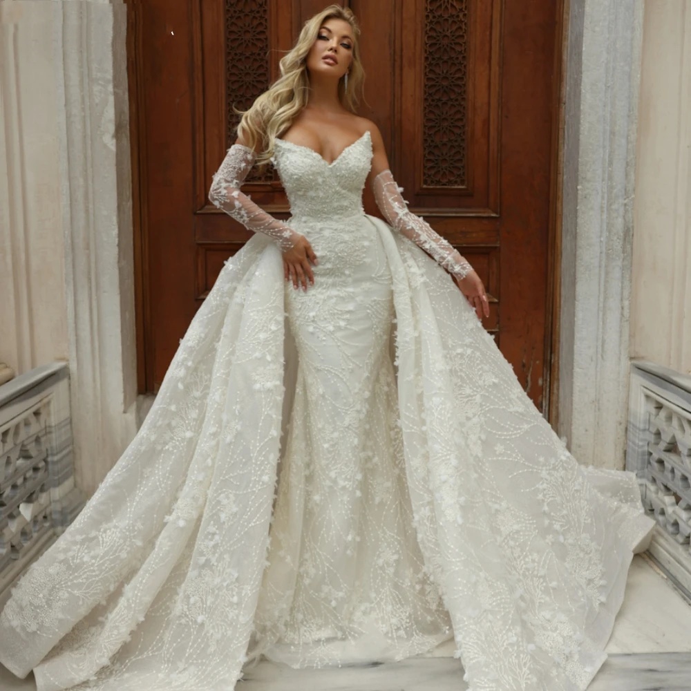 Classic Mermaid Wedding Dress Sweetheart Neck Removable Sleeves Bridal Gowns Appliques Detachable Train Dresses Custom Made vestidos de novia