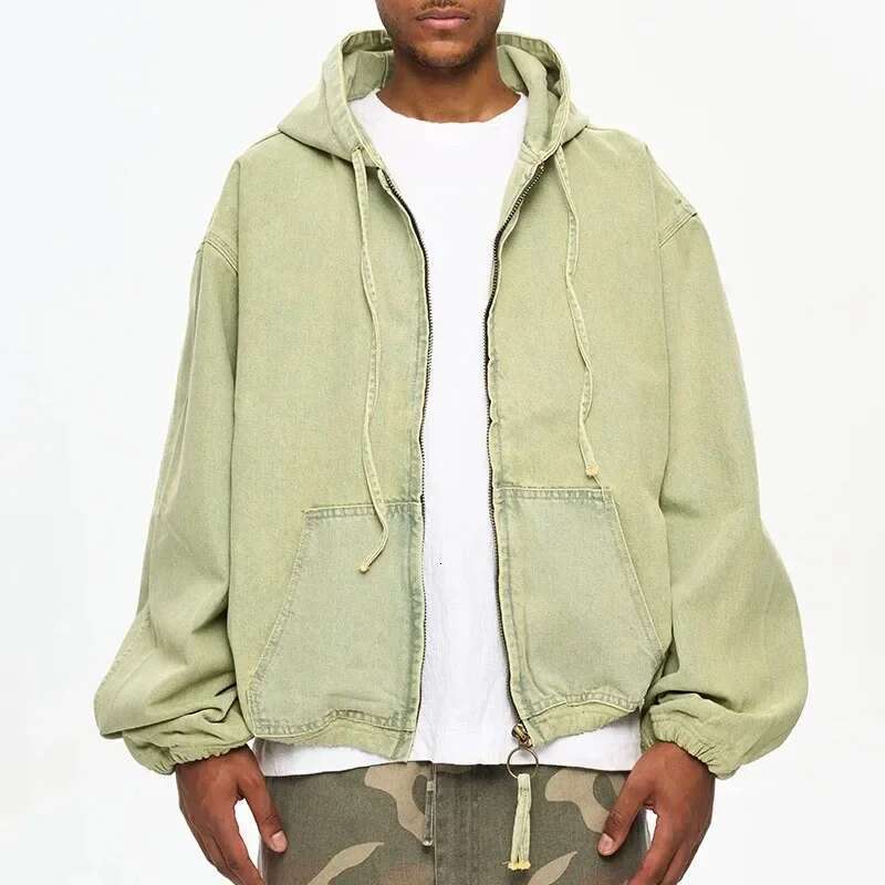Vintage Washed Zipper Hooded Denim Jacket For Men And Women Cleanfit Streetwear Lapel Windbreaker Autumn Jeans Coat Oversized