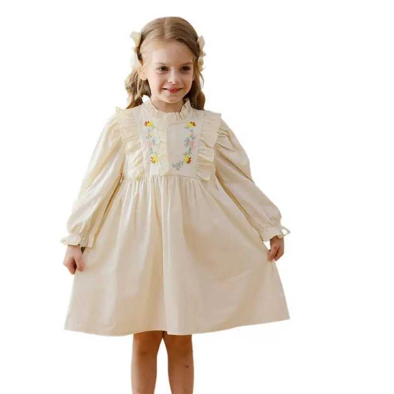 Girls Dress Flower Embroidery Stand Up Collar Kids Girls Dress 2025 Spring Ruffled Long Sleeved Sweet Childrens Princess Dress Z250214