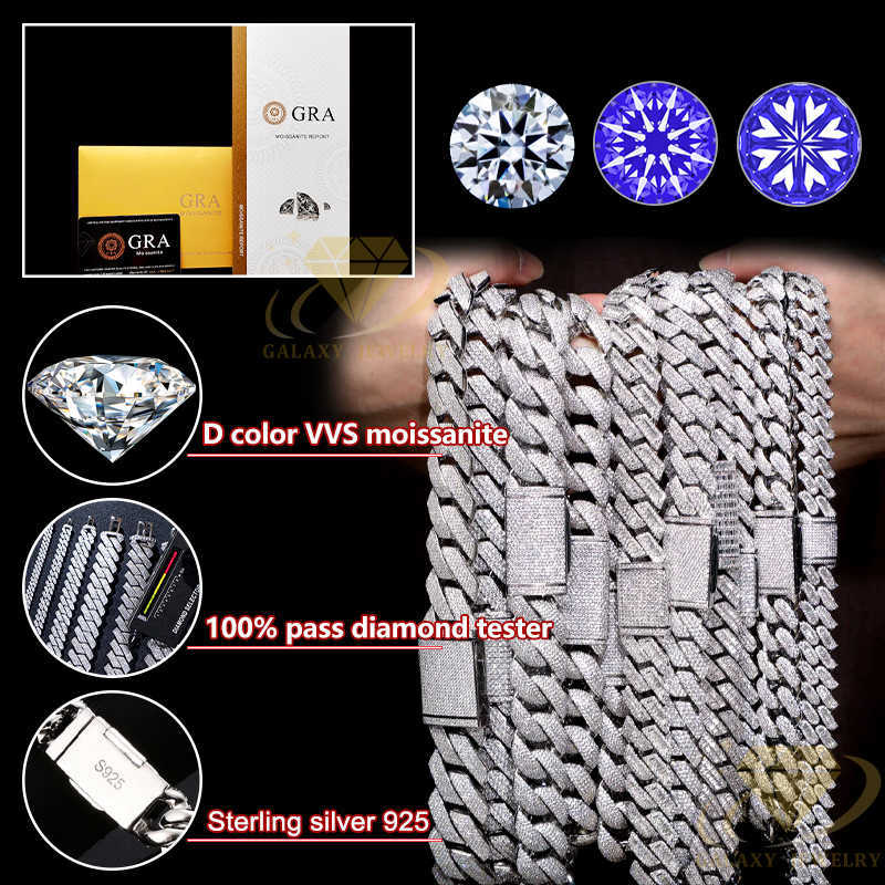 Hip Hop Jewelry Large Size 18mm Necklace VVS Moissanite With Certificate White Gold Plated Cuban Link Chain For Rapper