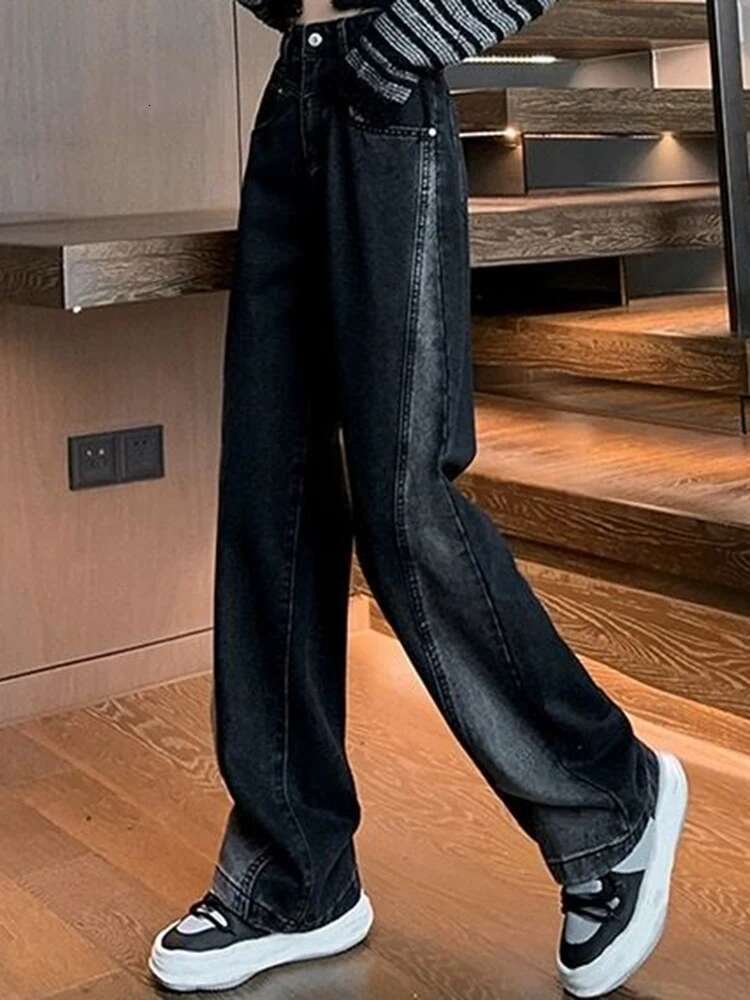 Woman Waist Jeans Lady American High Street Patchwork Straight Pants Black Gray Contrast Color Wide Leg Trousers
