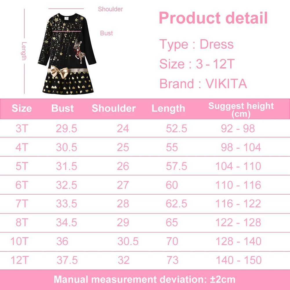 VIKITA Girls Christmas New Year Gift Dress Kids Elk Sequined Appliqued Star Heart Print Cotton Dresses with Bowknot Kids Clothes Z250214
