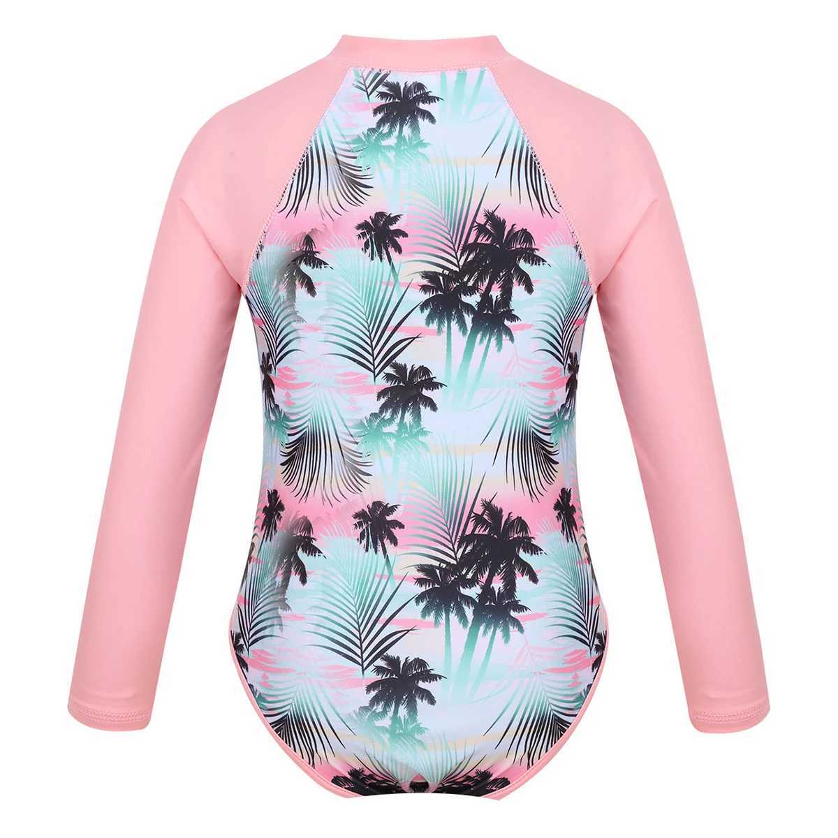 Kids Girls One-piece Swimsuit Long Sleeves Palm Printed Swimwear Bathing Suit Sun Protection Rash Guard Surfing Diving Swim Top Z250214