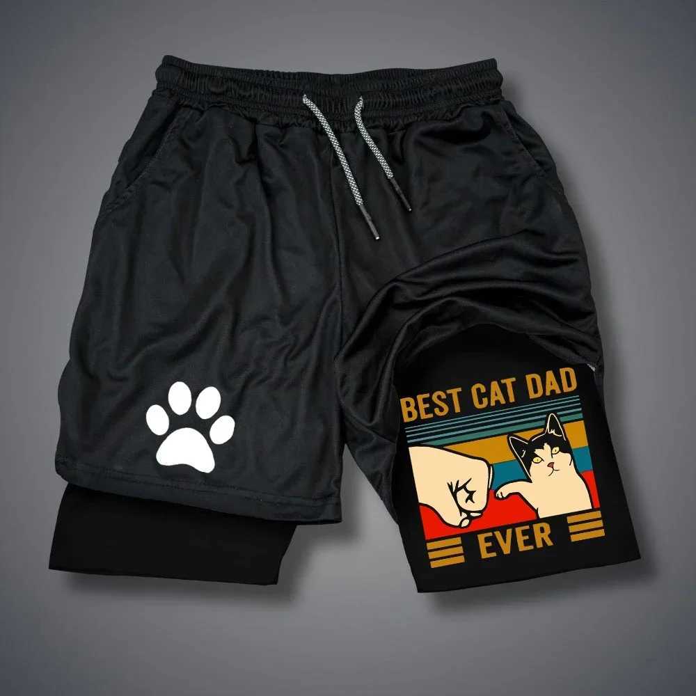 Funny Cat Print Running Shorts Men Sportswear Y2k Animal Pattern Gym Quick Dry Short Pant Summer Fitness Double-deck Short PantXJ250213