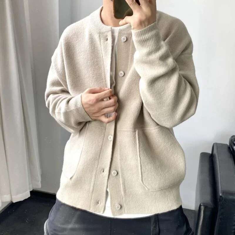 Knit Sweater Male Green Cardigan Men's Clothing Fleeced Sweatshirts Old New in Order Jumpers Y2k Streetwear Warm Tops Neck