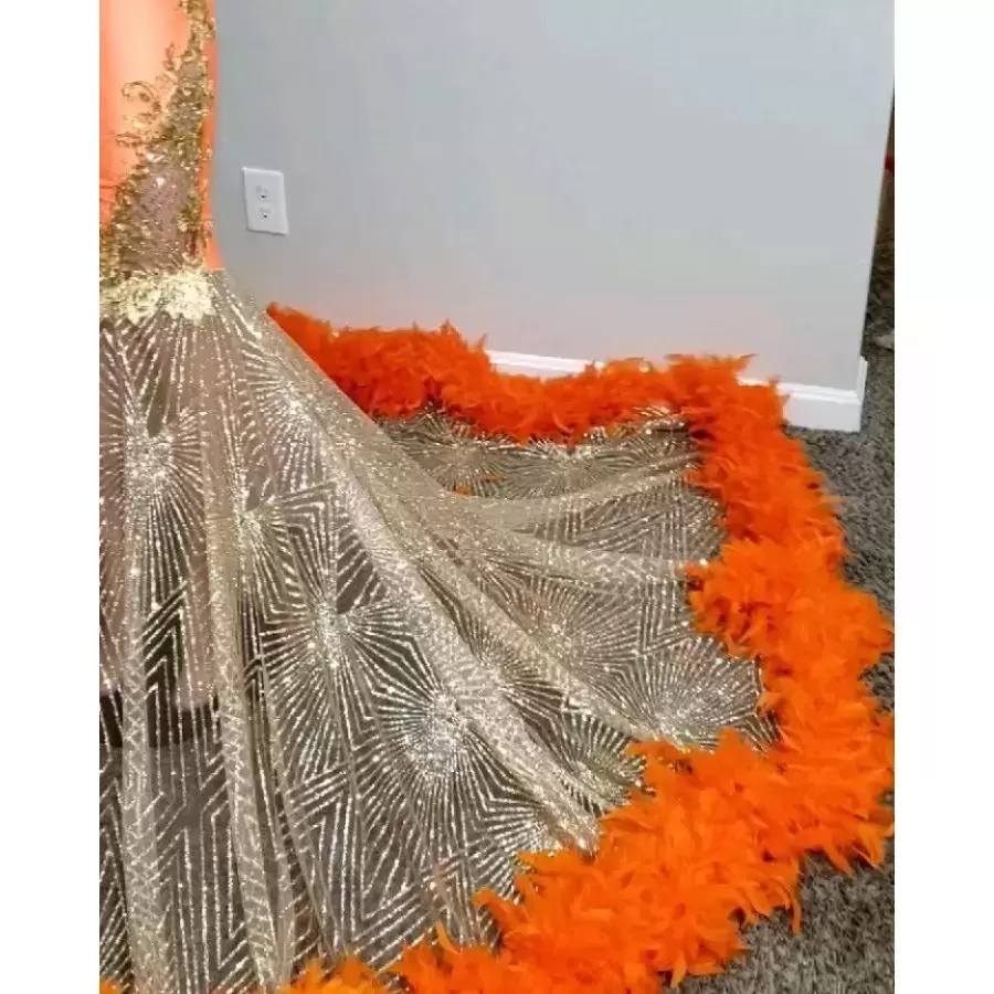 Black Girls Orange Mermaid Prom Dresses Satin Beading Sequined High Neck Feathers Luxury Skirt Evening Party Formal Gowns BC14825 0222