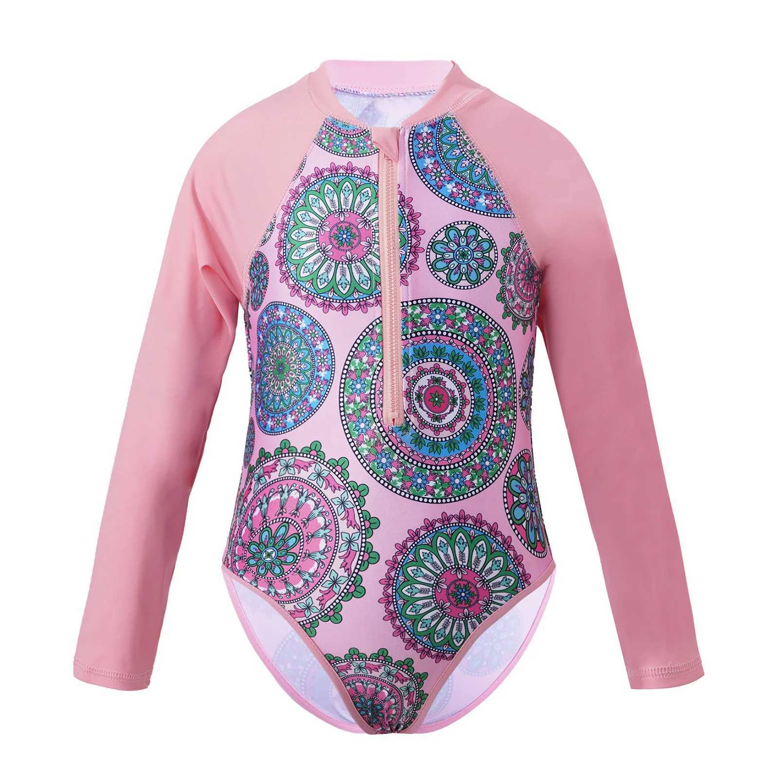 Kids Girls One-piece Swim Suits Brazilian Beachwear Long Sleeves Palm Printed Zippered Swimsuit Swimwear Bathing Suit Rash Guard Z250214
