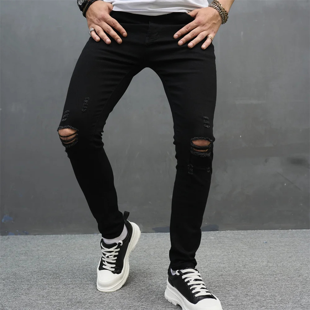 Men Simple Solid Holes High Street Stretch Skinny Jeans Pants Male Distressed Slim Pencil Jogging Denim Trousers 250210
