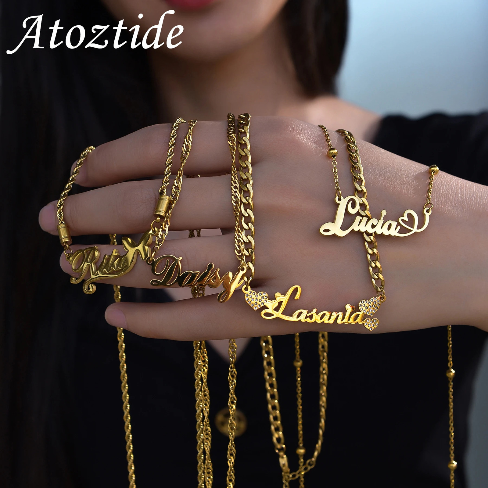 Atoz Personalized Custom Name Necklaces for Women Stainless Steel Wave Chain Collars Pendant Mother Kids Jewelry Gift 250210