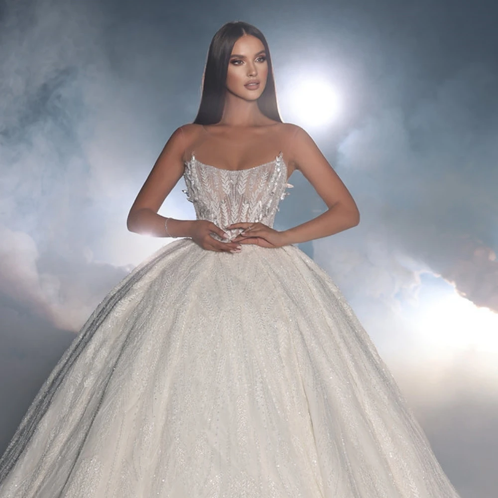 Elegant Ball Gown Wedding Dress For Women Sheer Neck Sleeveless Bridal Gowns Sequins Appliques Sweep Train Dresses Custom Made vestidos de novia