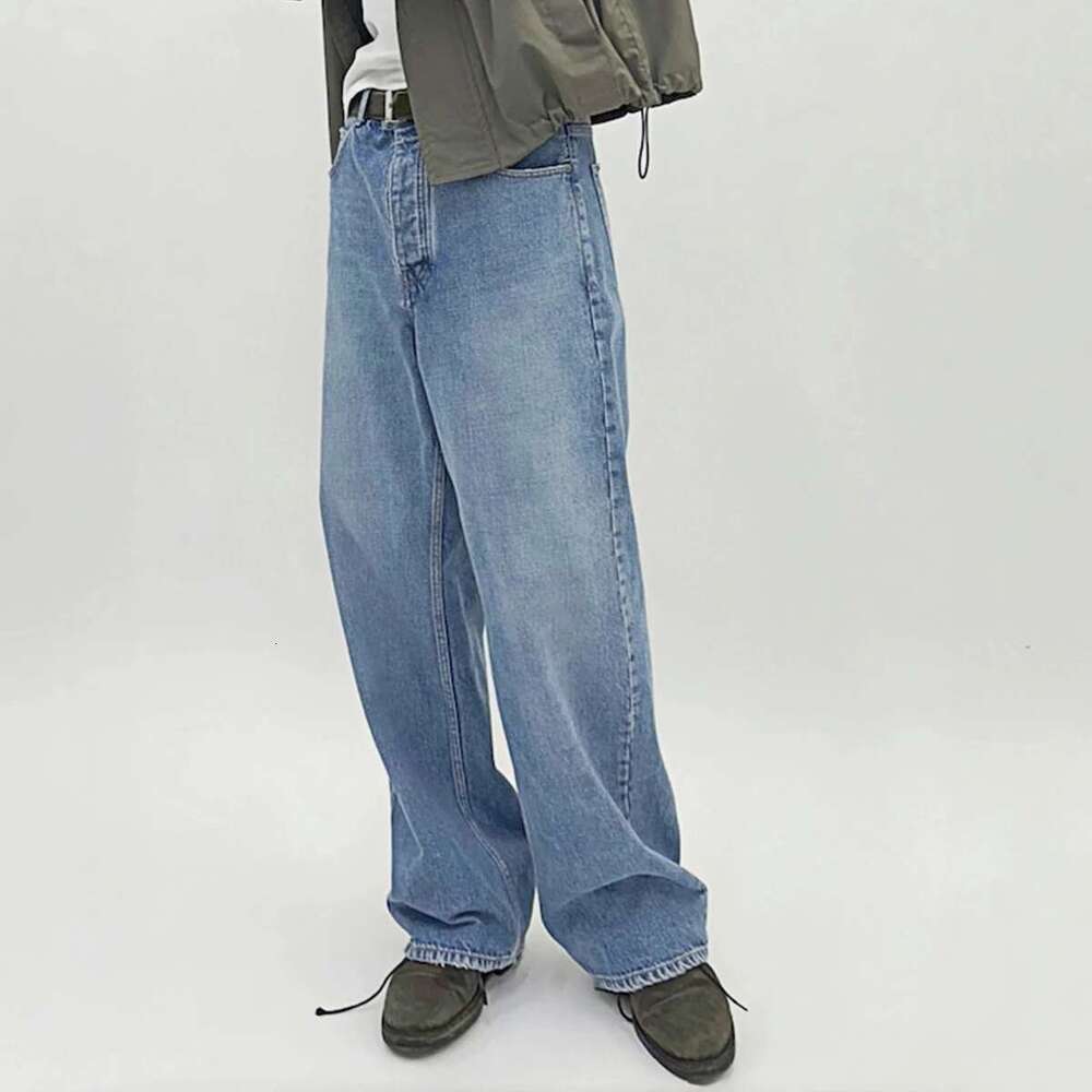 High Street Vintage Washed Blue Jeans For Men Straight Casual Loose Cleanfit Denim Trousers Oversized Cargo Pants