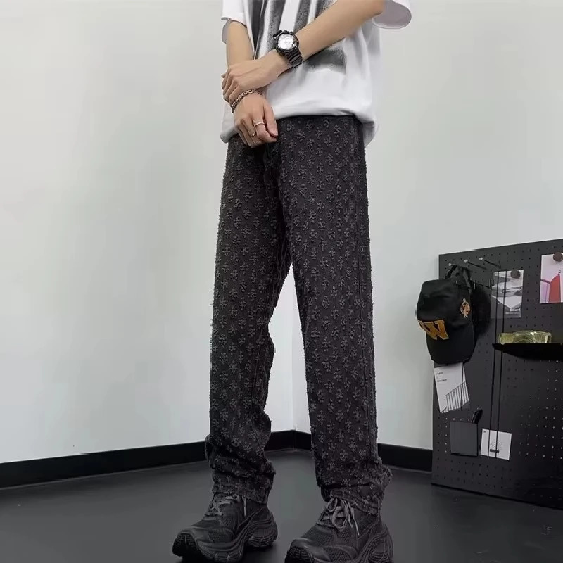 Y2k American High Street Jacquard Full Print Simple Casual High-Grade Jeans Mens n Sense Straight Fashion Loose Pants 250213
