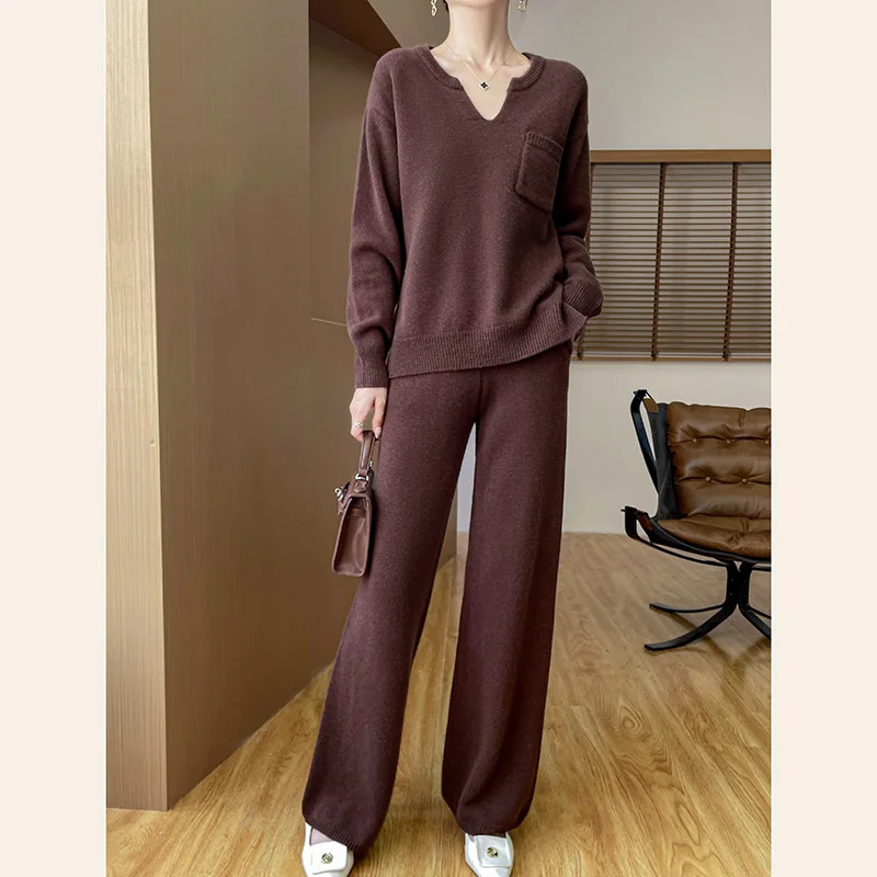 Spring and Autumn 100% Pure Wool Knit Womens Suit Vneck LongSleeved Sweater WideLeg Pants Trendy TwoPiece Set 250213