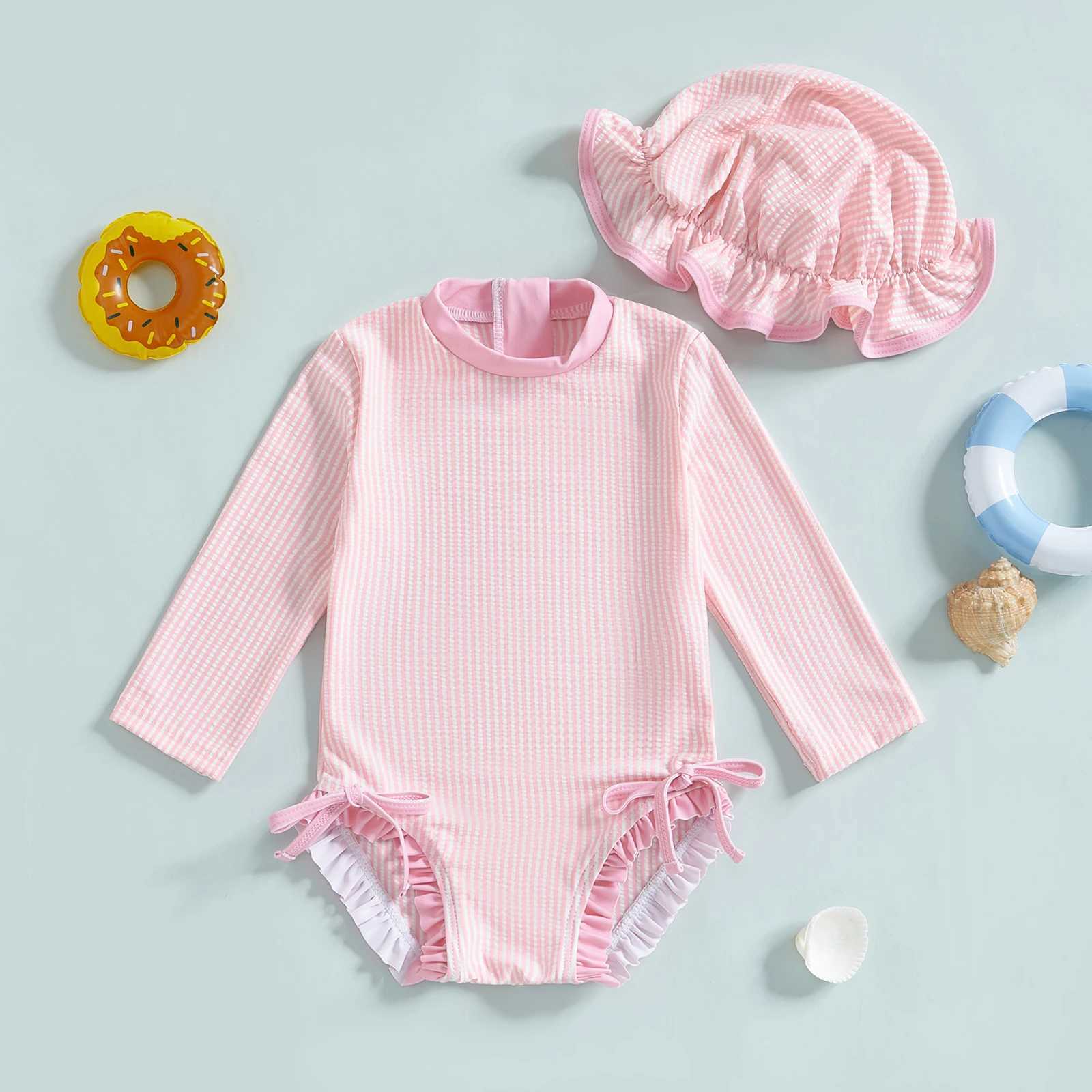 Yiiciovy Toddler Girls Ruffle Swimwear Beach Wear Princess Rash Guard Swimsuit with Hat Striped Long Sleeve Baby Bathing Suit Z250214