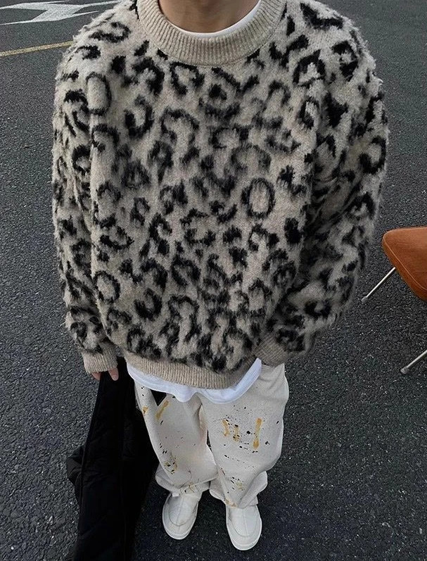 Lazy contrast color leopard print crew neck sweater mens trendy sweater national fashion high street high-end jacket 250211
