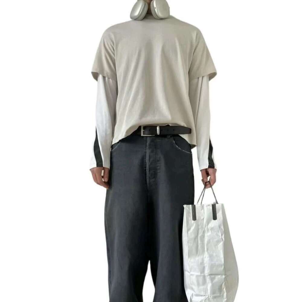Y2k Streetwear Fake Two Pieces Color Match Long Sleeve Mens Fall Tshirts Crew Neck Casual Baggy Cotton T-Shirt Oversized
