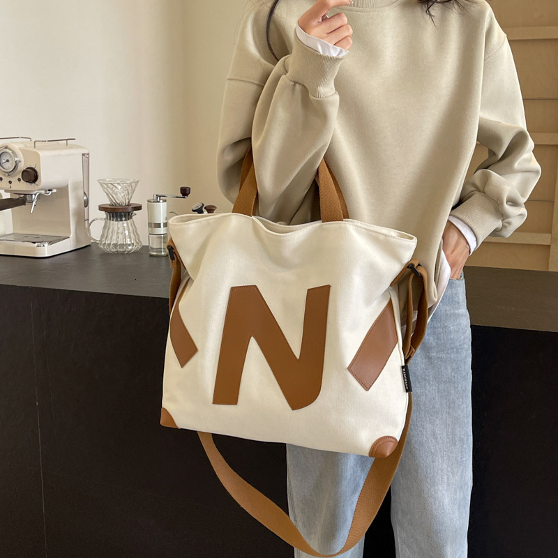Bag Handheld Canvas Women's New Large Capacity Shoulder Bag, Fashionable Letter Student Class Commuting Bag