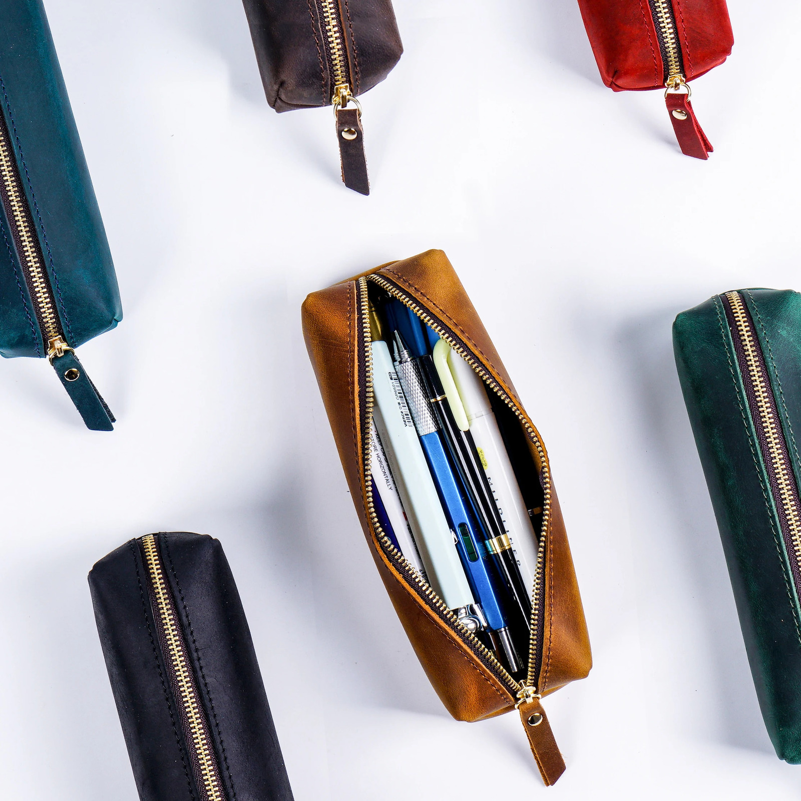 Handmade Genuine Leather Zipper Pen Bag Retro Neutral Large Capacity Pencil Case School Stationery Wholesale 250210