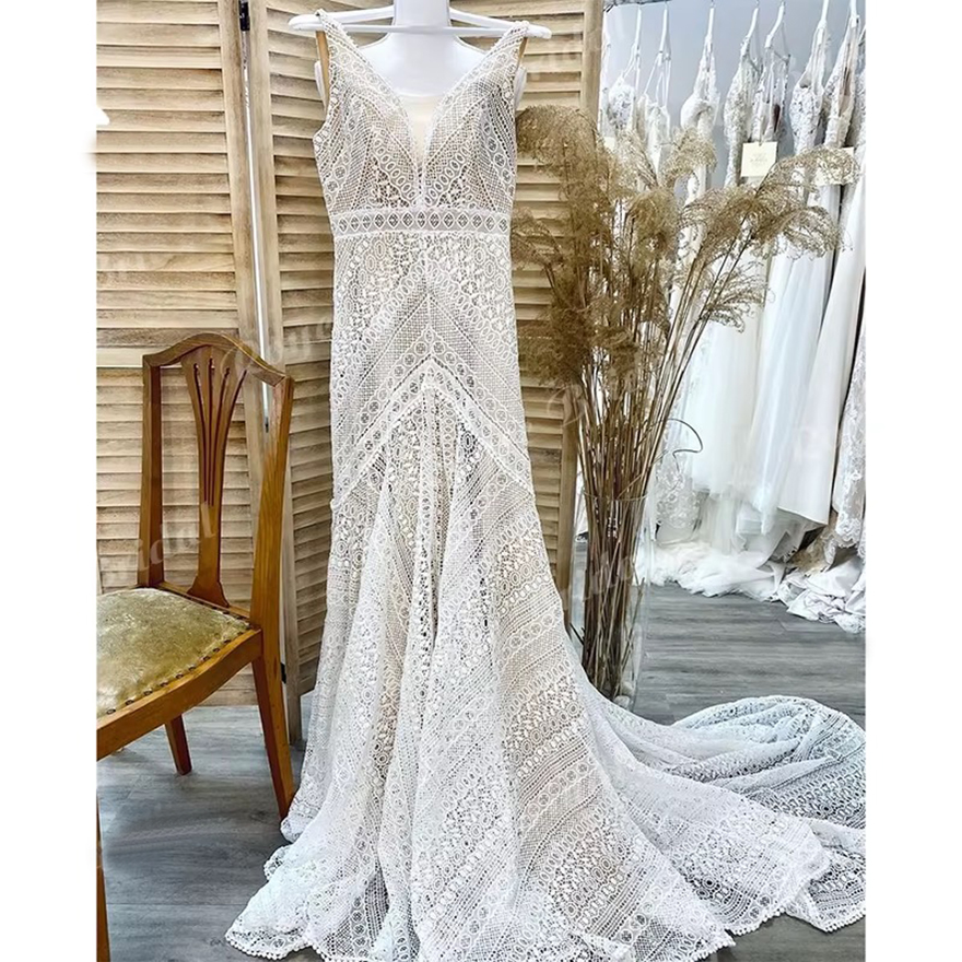Boho V-neck Mermaid Vintage Vestido De Noiva Sweep Train Sleeveless Lace Backless Wedding Dress Women Bride Gown robe Customized