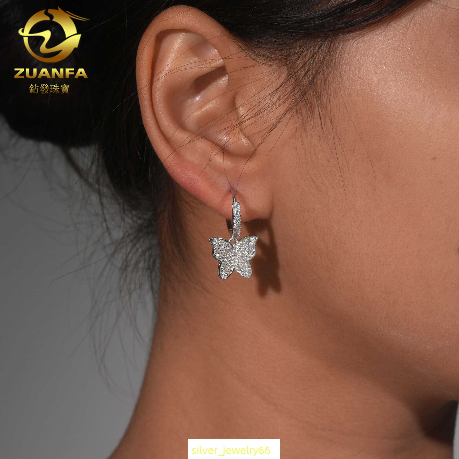 Diamond hair fashion versatile 925 silver full set moissanite butterfly earrings temperament new womens earrings