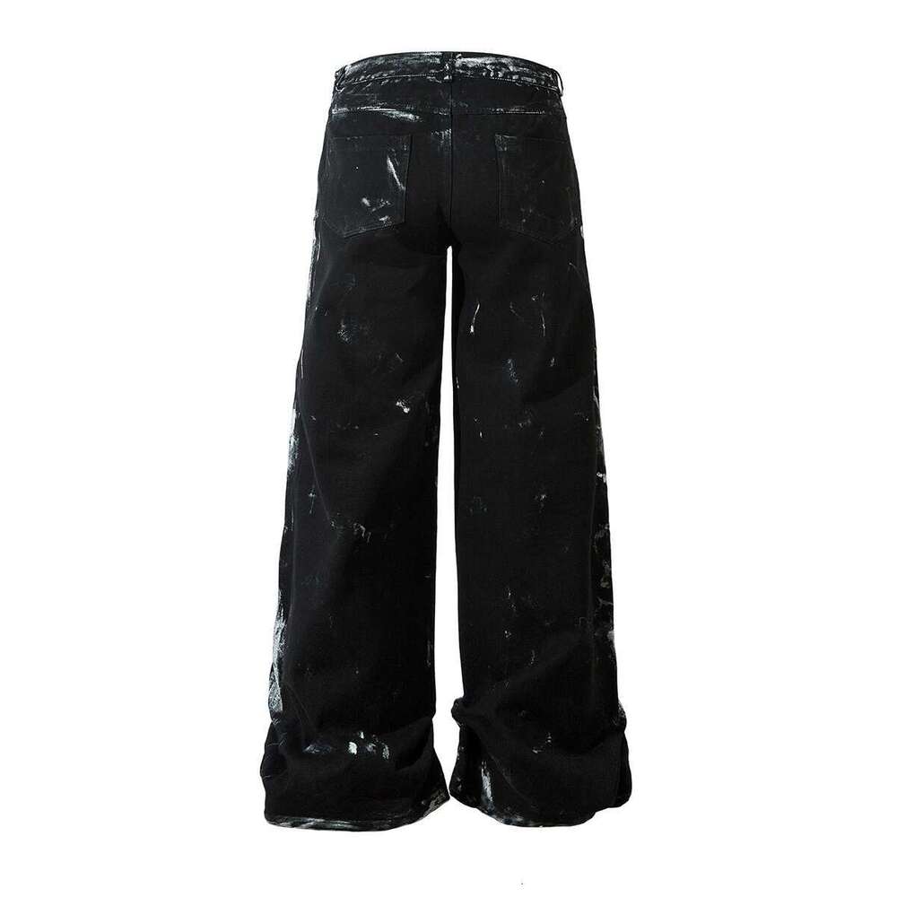Hand Graffiti Pleated Straight Baggy Black Jeans Pants For Men And Women High Street Ropa Hombre Loose Denim Trousers Oversized
