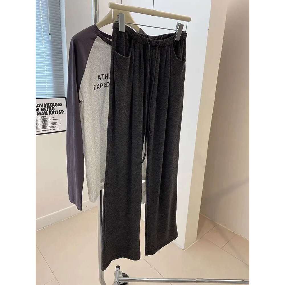 Women's Wide Leg Straight Sweat Grey Beige Black Fall Winter Casual Pant