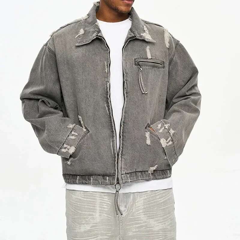 Haruku Ripped Washed Vintage Baggy Denim Jacket For Men And Women Streetwear Lapel Windbreaker Autumn Jeans Coat Oversized
