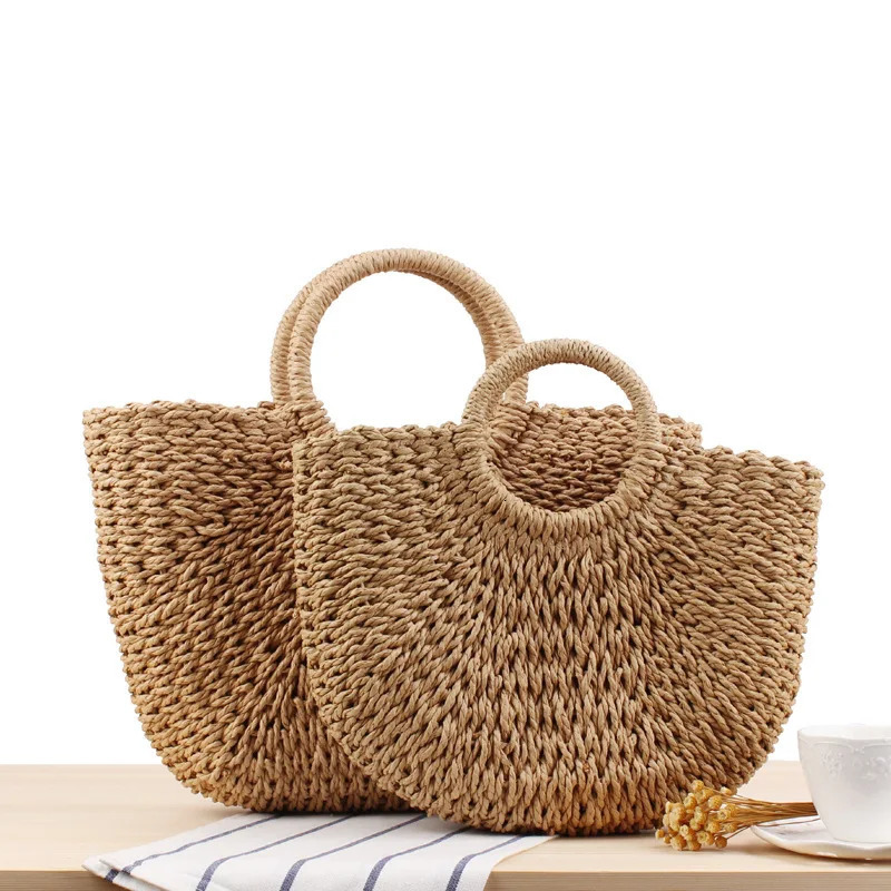 Summer Handmade Bags for Women Beach Weaving Ladies Straw Bag Wrapped Beach Bag Moon shaped Top Handle Handbags 250207