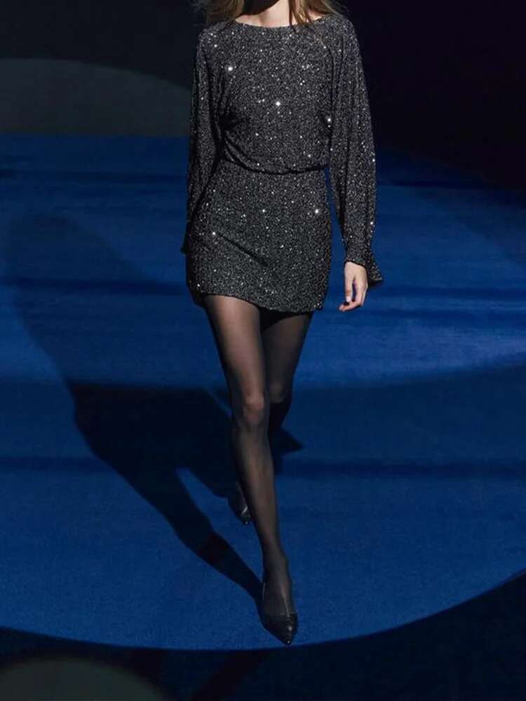 2025 Autumn Winter New Arrivals Women's Collection Sequined Backless Long Sleeve Short Dress