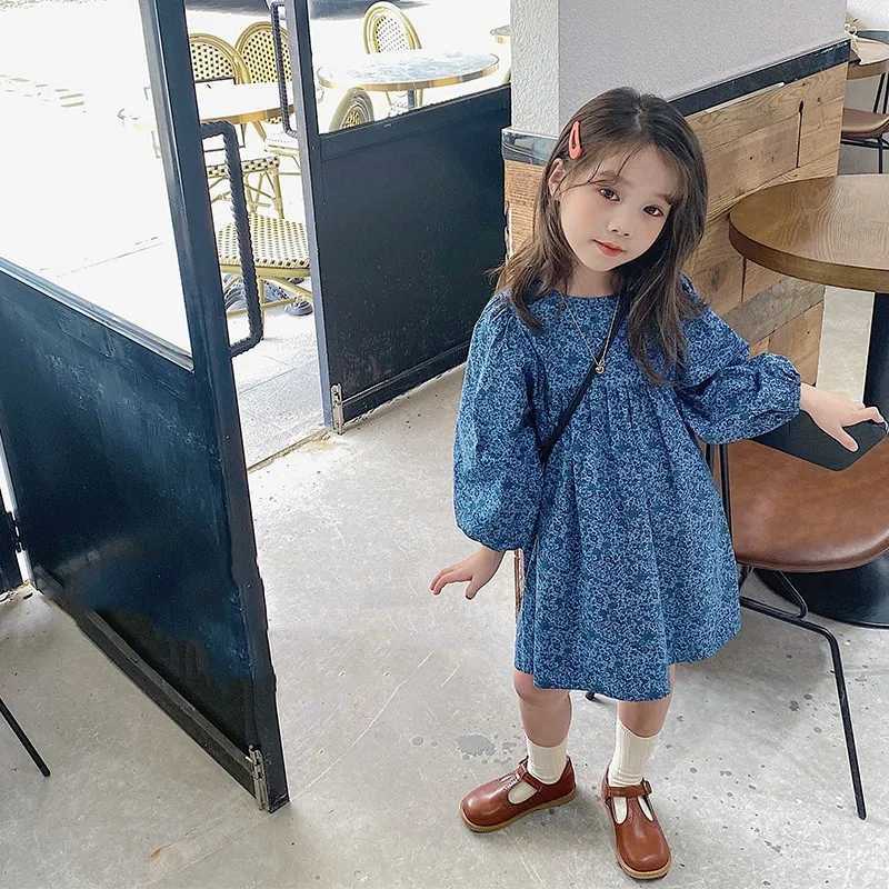 2025 Spring Autumn Children Girls Dress Flower All Printed Bubble Sleeves Kid Girls Frock Soft Round Collar Toddler Girls Dress Z250214
