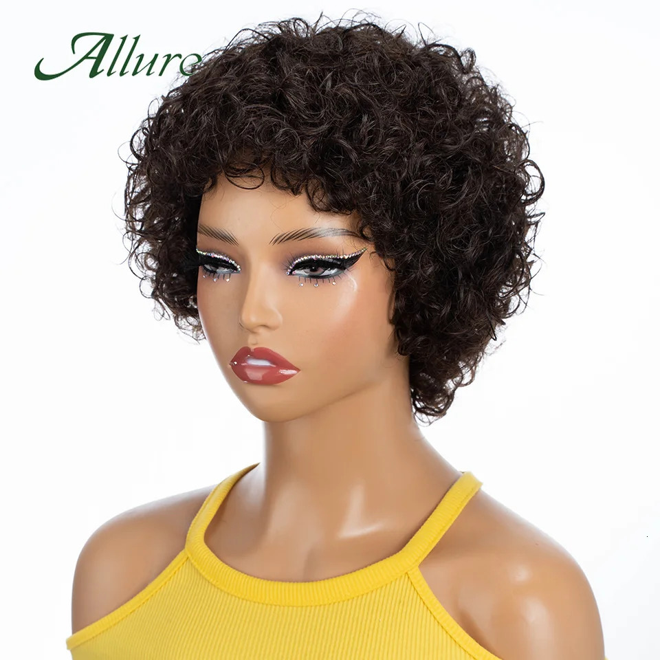 Short Pixie Afro Kinky Curly Wigs for Black Women Glueless Natural Brown Bob Wig With Bangs Brazilian Human Hair Wigs Allure 250210