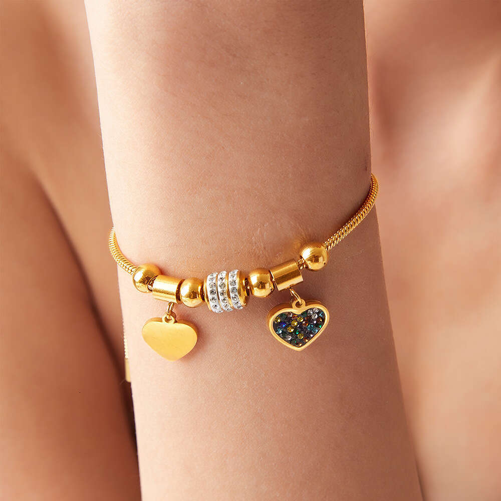 Ins style geometric dia inlaid heart-shaped bracelet, versatile and adjustable design, stainless steel gold-plated jewelry