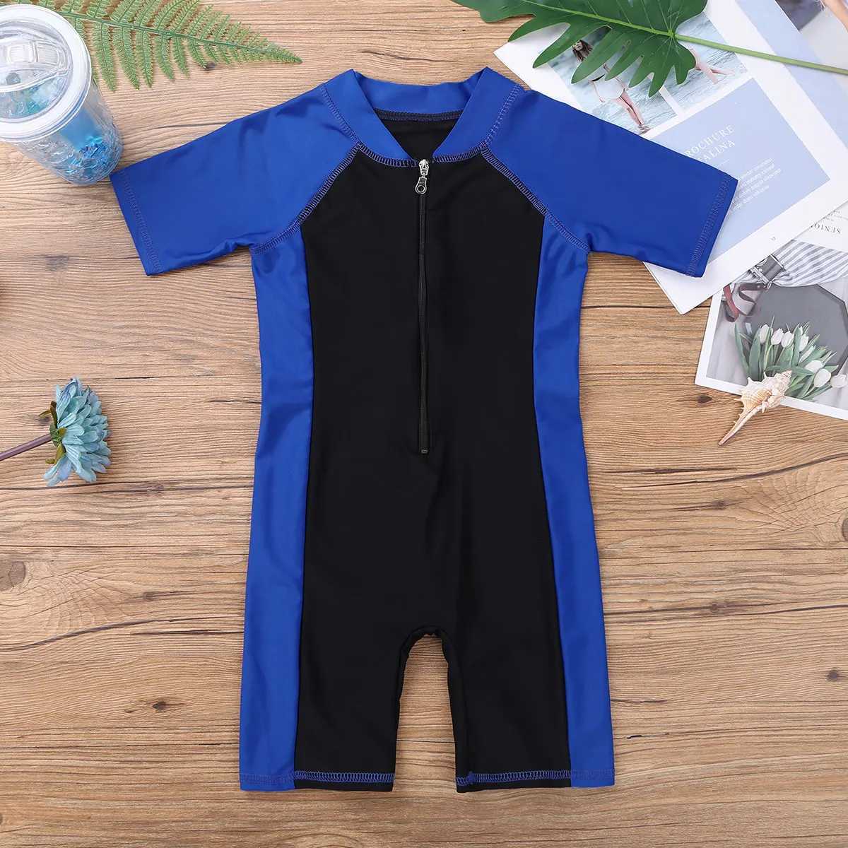 Kids Boys Girls One-piece Suits Rash Guards for Surfing Short Sleeves Zippered Shor Wetsuits Swimsuit Swimwear Bathing Suits Z250214