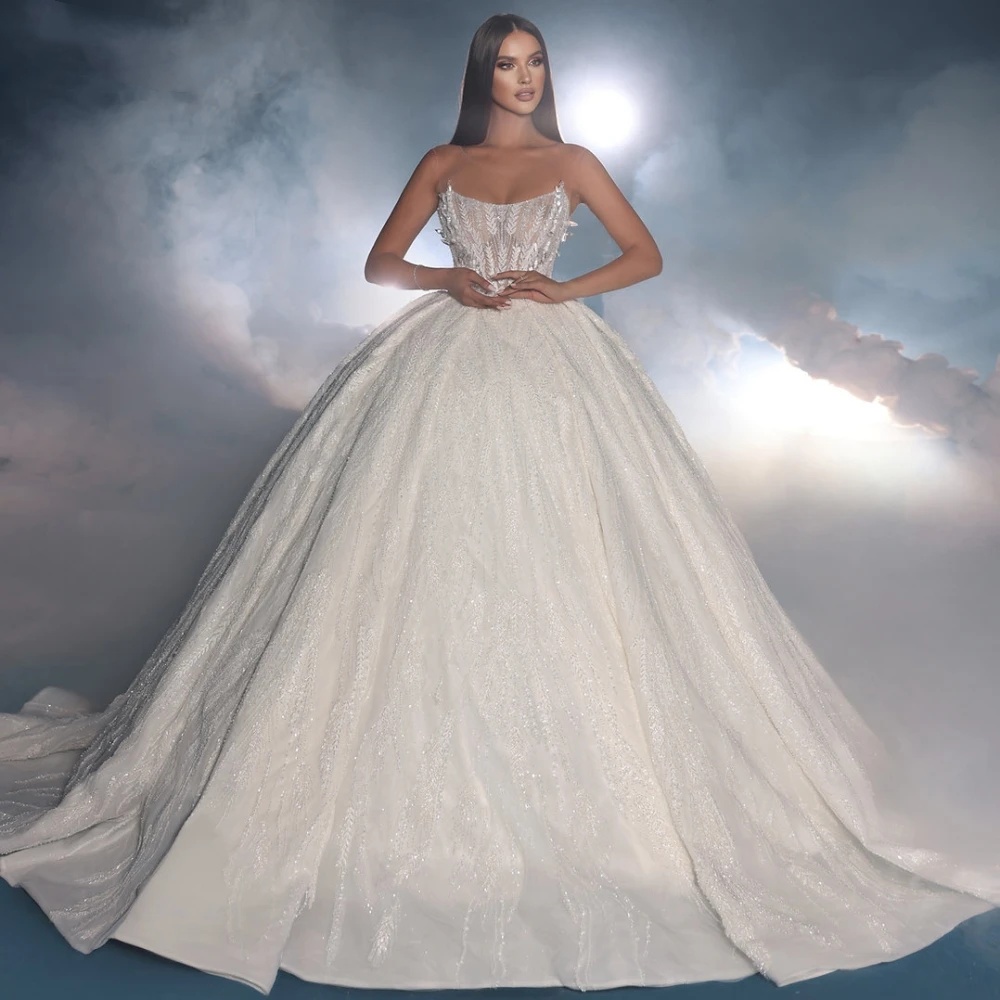 Elegant Ball Gown Wedding Dress For Women Sheer Neck Sleeveless Bridal Gowns Sequins Appliques Sweep Train Dresses Custom Made vestidos de novia