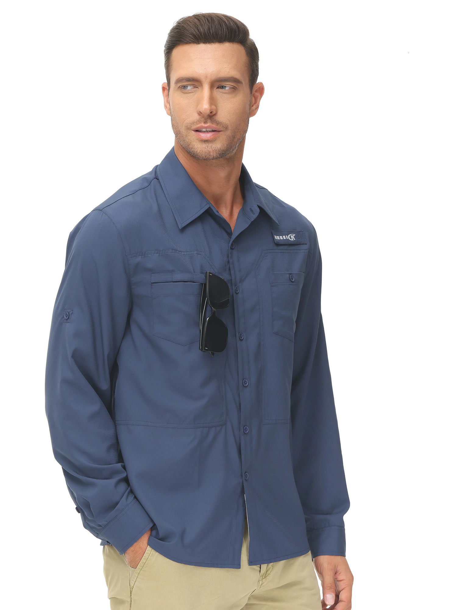 Mens breathable fishing shirt foldable sleeves UPF 50casual hiking cargo shirt buttons shirt zipper pocket 250211