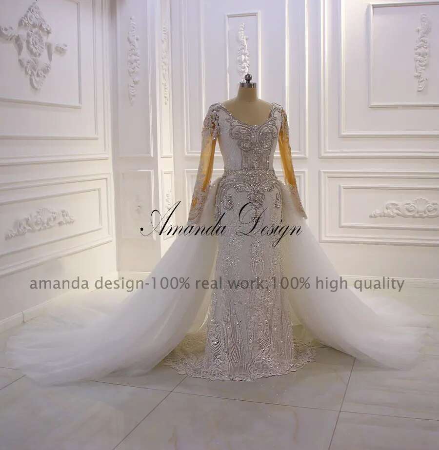 Custom amanda design mermaid robe long sleeves strass skirt detachable wedding dress