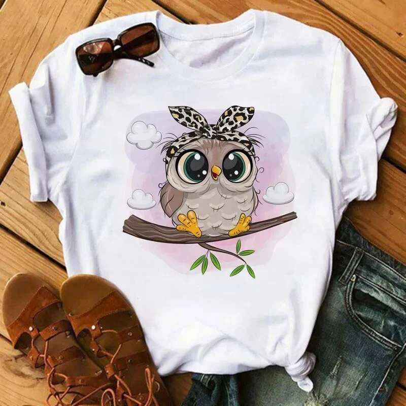Plus Size Maycaur Cartoon Owl Print T Shirt Women Kawaii Graphic Shirts Casual Short Sleeved Female Tee O-Neck Haruku T-Shirts