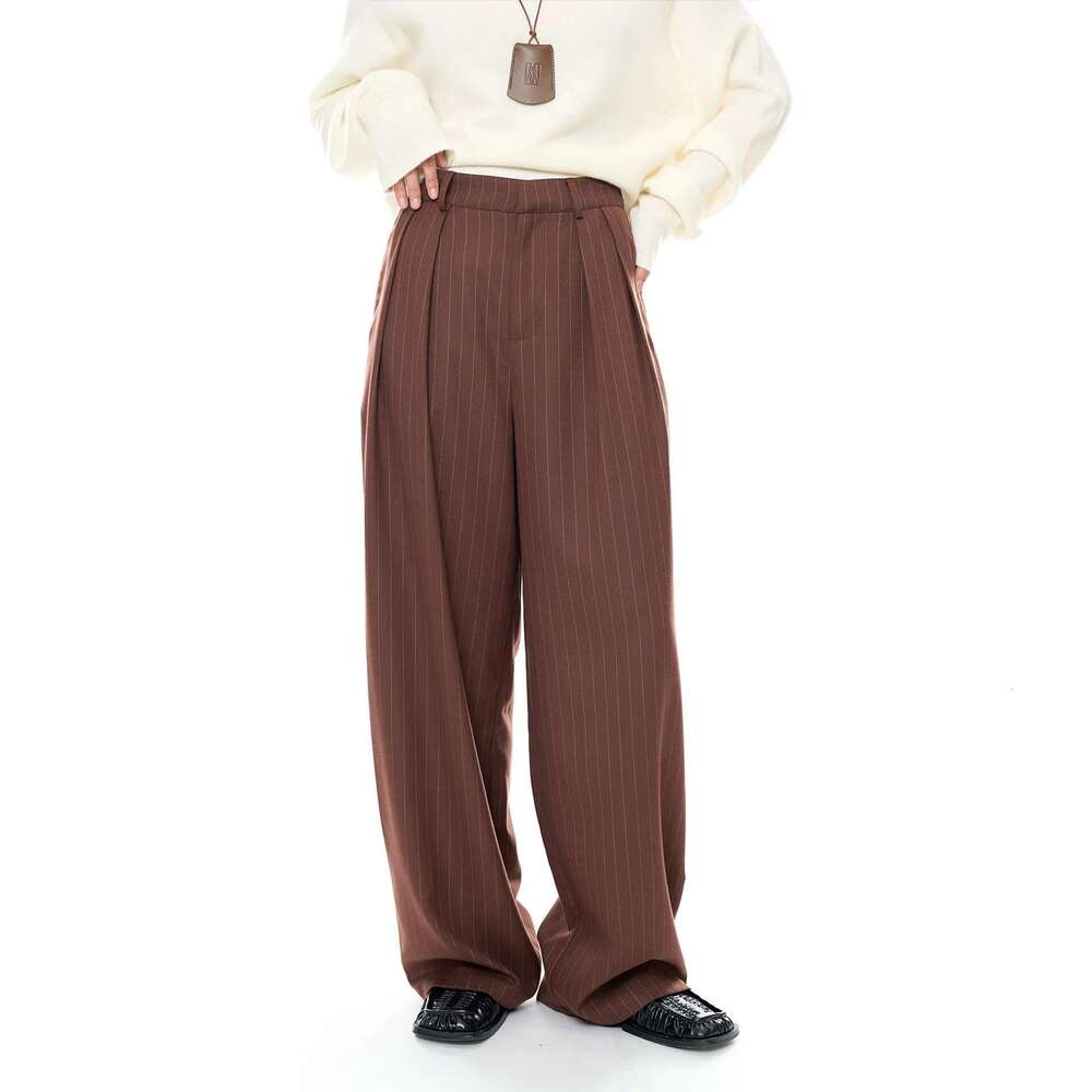 Women's Striped Wide Leg Suit Fall Double Pleated Trousers Smooth Drape Loose Pant