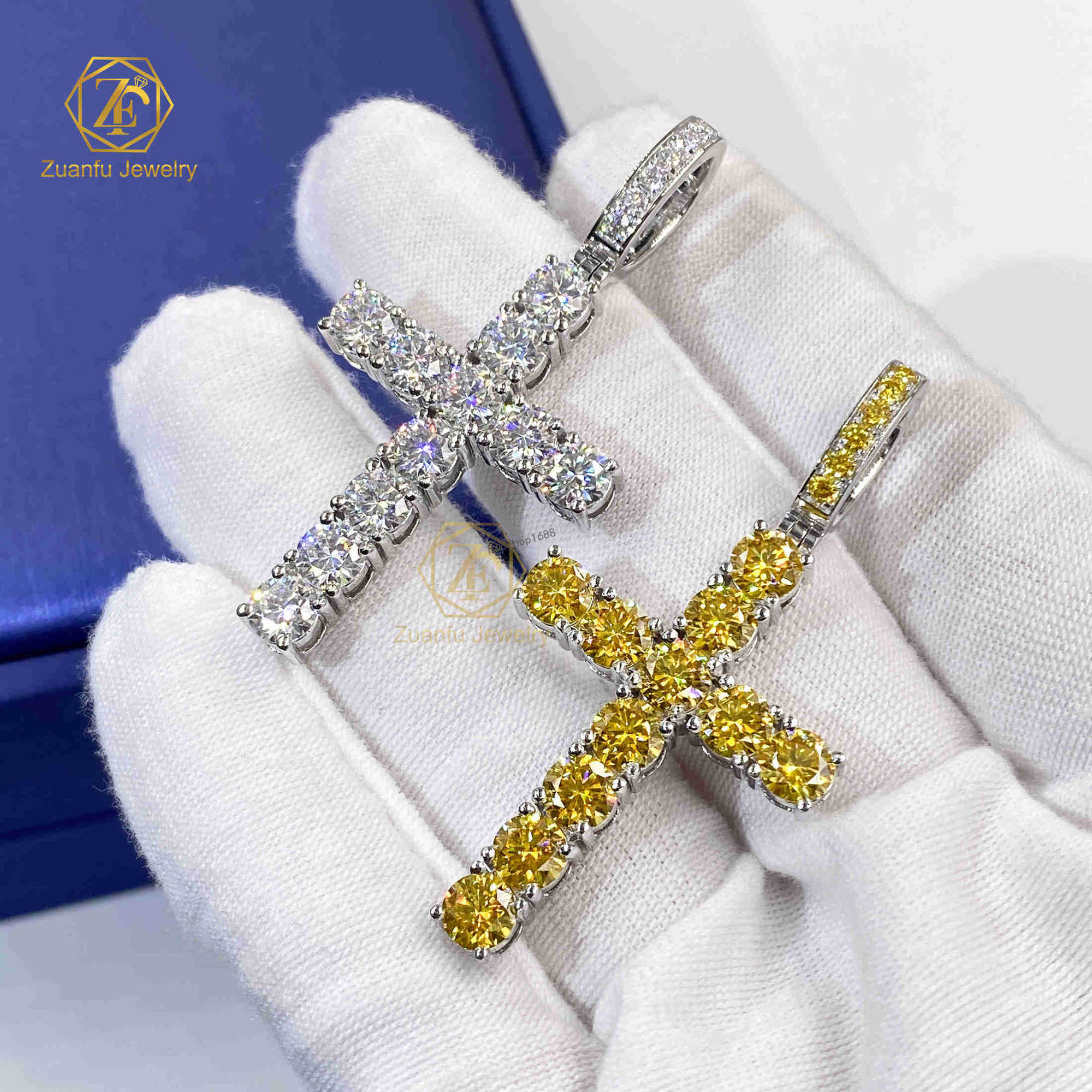 Hip Hop Jewelry Iced Out Cross Pendant Silver 925 Iced Out White and Yellow Moissanite Cross Vvs Moissanite Pendant with Chain