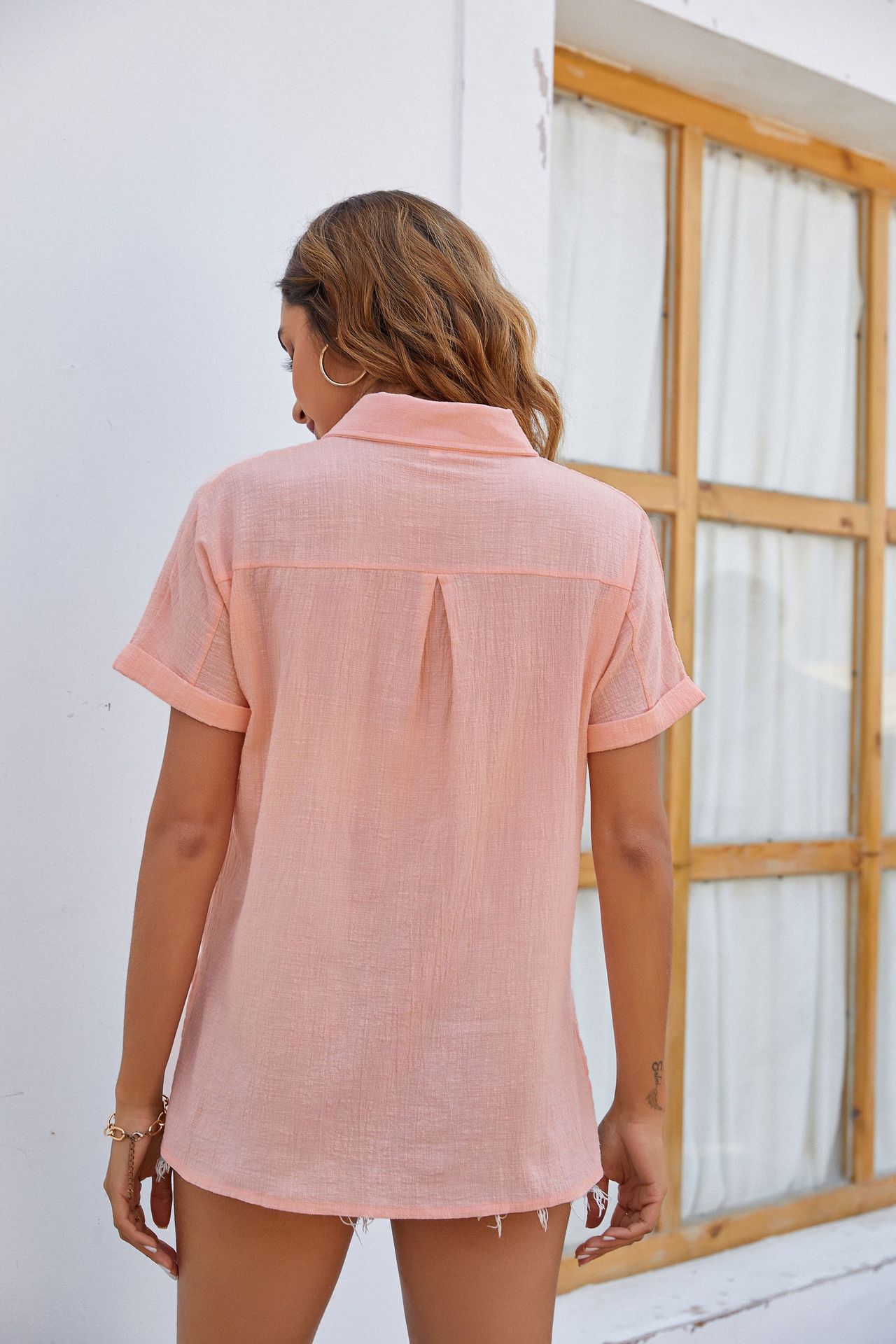 2025 summer new cotton and linen women's short sleeved casual side slit pocket shirt top