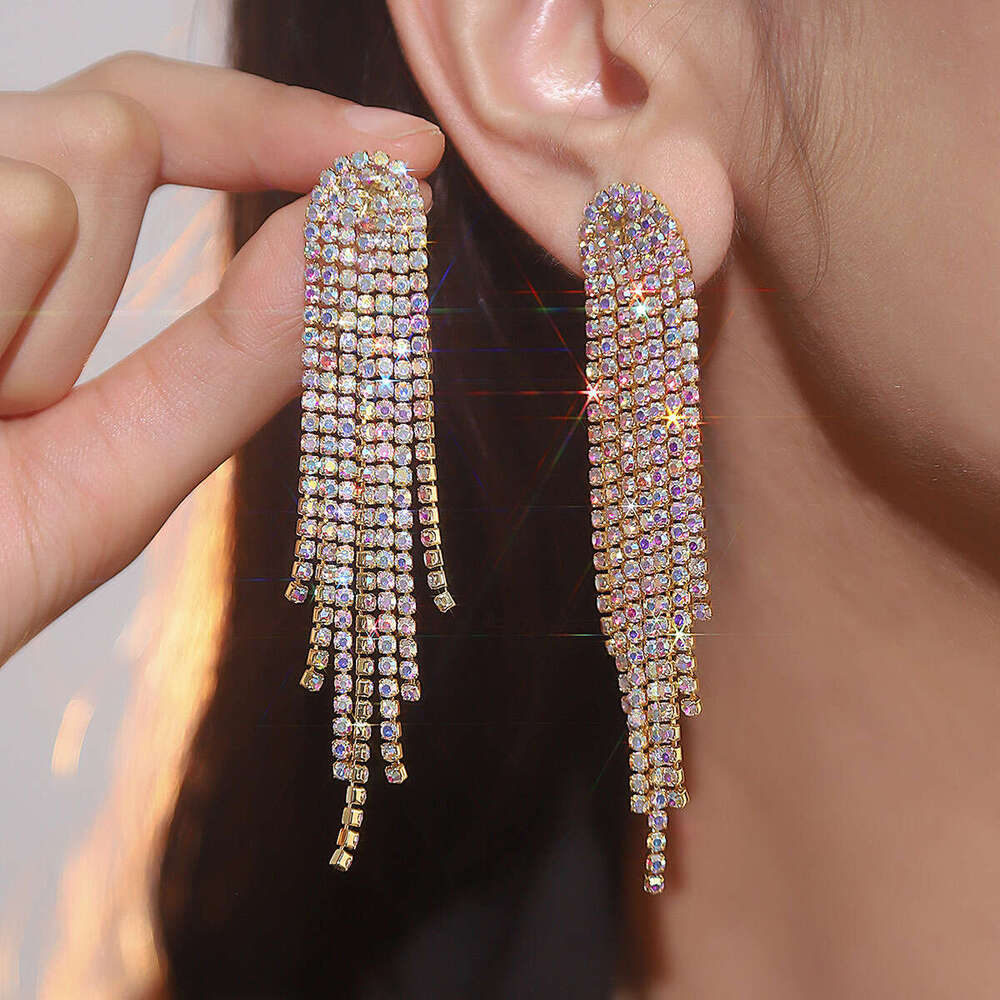 with a urious sparkg AB rhie long tassel women's fashionable temperament, earrings, and earrings