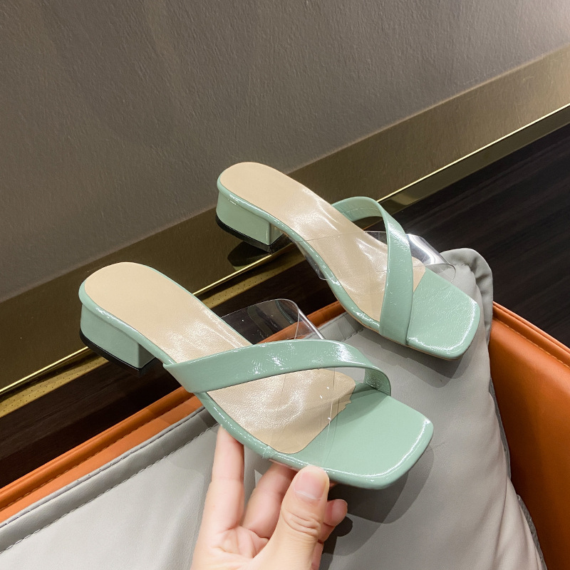 Women Slippers Simple Casual Style Versatile Chunky Heel Plus Size Triple Black White Green Free shipping