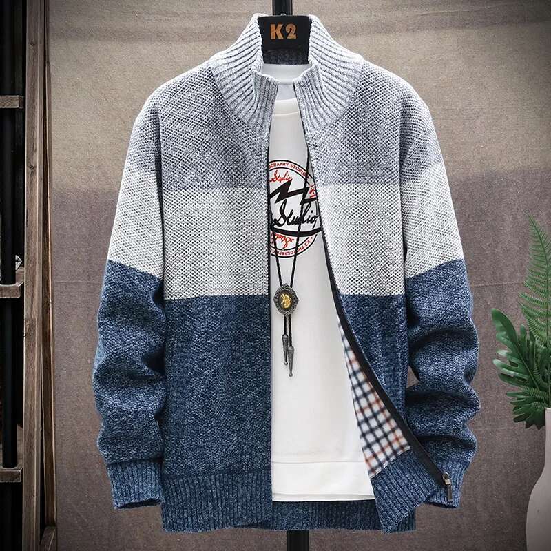 Autumn Winter Cardigan Men Fleece Zipper Sweaters Veet Contrast Striped Sweater Coats Casual Jackets