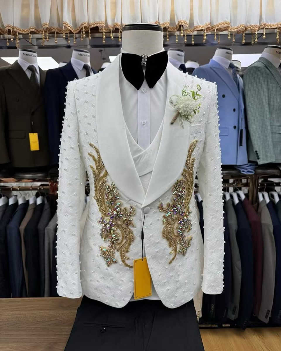 Luxury Wedding Tuxedos Appliques Pearls One Button Men Suits Shawl Lapel 3 Piece Set Jacket Vest Pants Groom Blazers Customized