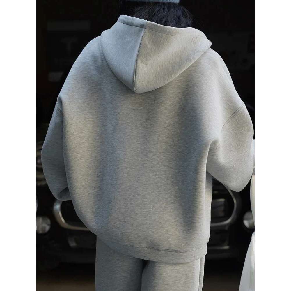 Minimalism Solid Hooded Cardigan Sweatshirt For Women Drawstring Zipper Long Sleeve Loose Jackets 2025 Autumn New