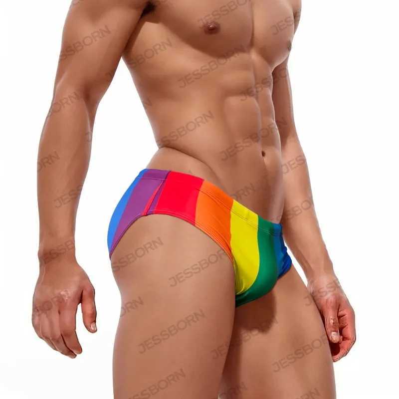 Mens Swimming Trunks Mens Swimsuit Rainbow Coarse Stripes Swim Briefs Quick Drying Beach Shorts Board Surf Bathing Suit Swimwear W250214