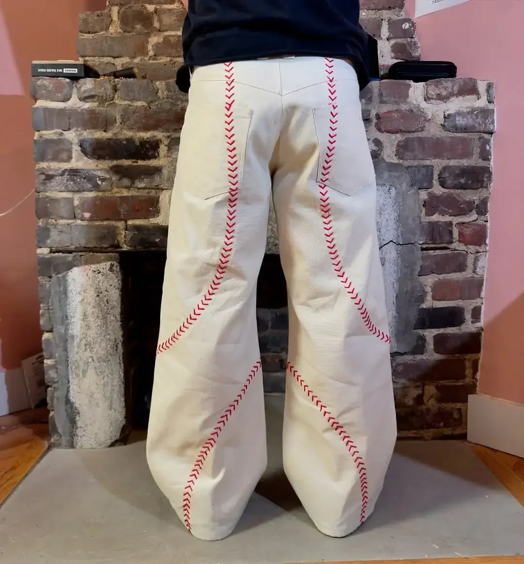 Versatile Simple Three-dimensional Classic Baseball Creative Image Sewn Straight Jeans Men Street Fashion Mens Clothing 250214